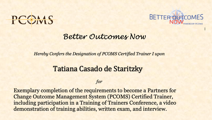 New PCOMS Certified Trainer in Spain: Dr. Tatiana Casado de Staritzky